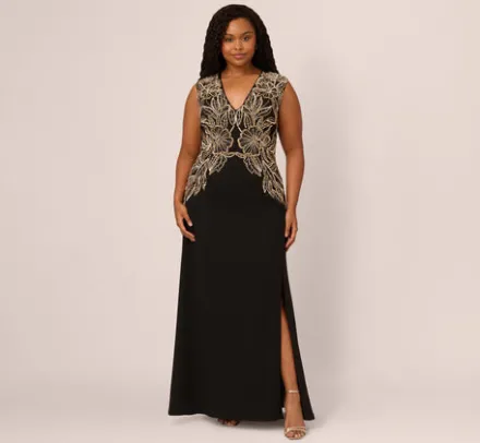 Adrianna Papell Wedding Guest Dresses|Formal Dresses*Plus Size Beaded Crepe Long Dress In