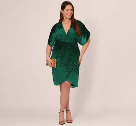 Adrianna Papell Wedding Guest Dresses|Formal Dresses*Plus Size Beaded Faux Wrap Dress With Dolman Sleeves In Dark Ivy