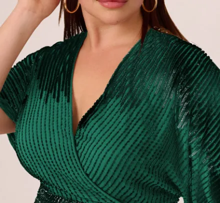 Adrianna Papell Wedding Guest Dresses|Formal Dresses*Plus Size Beaded Faux Wrap Dress With Dolman Sleeves In Dark Ivy