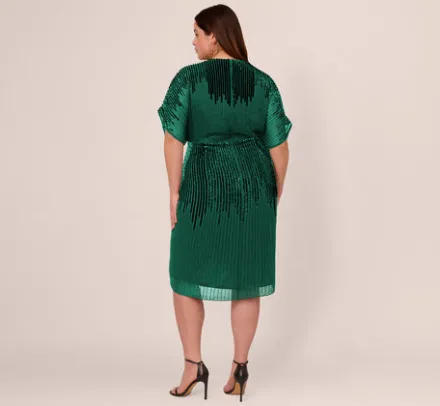Adrianna Papell Wedding Guest Dresses|Formal Dresses*Plus Size Beaded Faux Wrap Dress With Dolman Sleeves In Dark Ivy