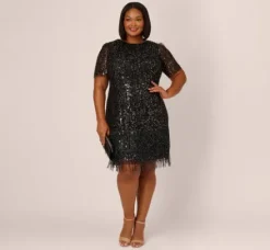 Adrianna Papell Wedding Guest Dresses|Formal Dresses*Plus Size Beaded Fringe Dress With Sheer Short Sleeves In