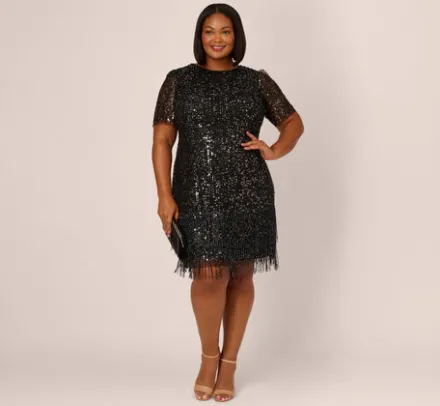 Adrianna Papell Wedding Guest Dresses|Formal Dresses*Plus Size Beaded Fringe Dress With Sheer Short Sleeves In