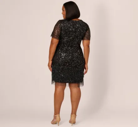 Adrianna Papell Wedding Guest Dresses|Formal Dresses*Plus Size Beaded Fringe Dress With Sheer Short Sleeves In