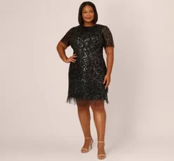 Adrianna Papell Wedding Guest Dresses|Formal Dresses*Plus Size Beaded Fringe Dress With Sheer Short Sleeves In