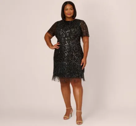 Adrianna Papell Wedding Guest Dresses|Formal Dresses*Plus Size Beaded Fringe Dress With Sheer Short Sleeves In