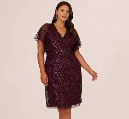 Adrianna Papell Wedding Guest Dresses|Formal Dresses*Plus Size Beaded Surplice Midi Dress With Dolman Sleeves In Deep Amethyst