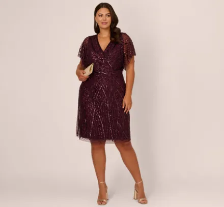 Adrianna Papell Wedding Guest Dresses|Formal Dresses*Plus Size Beaded Surplice Midi Dress With Dolman Sleeves In Deep Amethyst