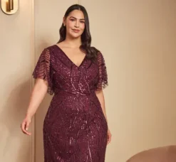 Adrianna Papell Wedding Guest Dresses|Formal Dresses*Plus Size Beaded Surplice Midi Dress With Dolman Sleeves In Deep Amethyst
