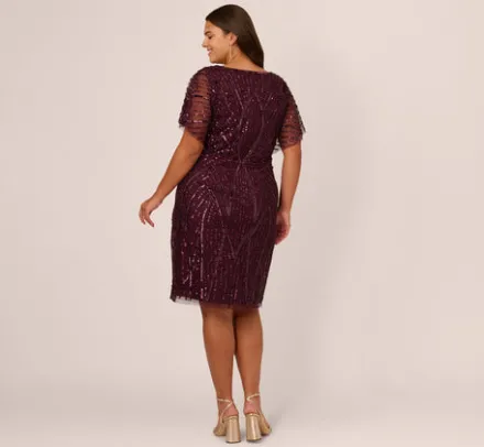 Adrianna Papell Wedding Guest Dresses|Formal Dresses*Plus Size Beaded Surplice Midi Dress With Dolman Sleeves In Deep Amethyst