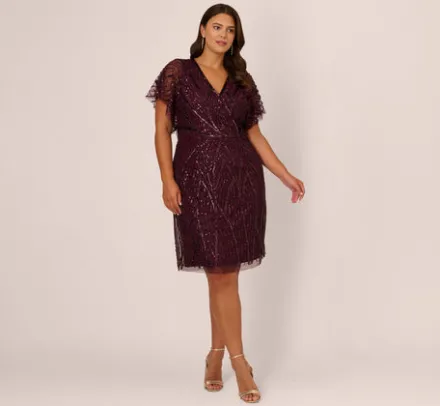 Adrianna Papell Wedding Guest Dresses|Formal Dresses*Plus Size Beaded Surplice Midi Dress With Dolman Sleeves In Deep Amethyst