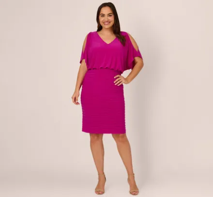 Adrianna Papell Wedding Guest Dresses|Day Dresses*Plus Size Blouson Pintucked Dress With Cold Shoulder Sleeves In Hot Magenta