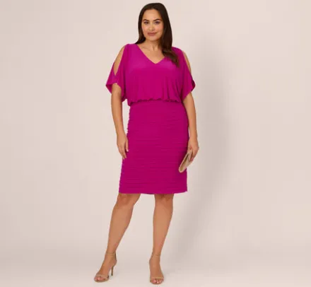 Adrianna Papell Wedding Guest Dresses|Day Dresses*Plus Size Blouson Pintucked Dress With Cold Shoulder Sleeves In Hot Magenta