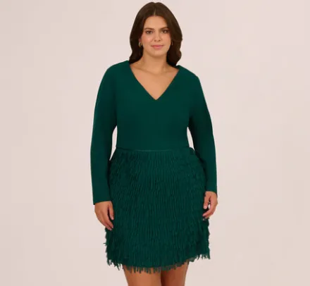 Adrianna Papell Wedding Guest Dresses|Formal Dresses*Plus Size Combo Fabric Fringe Mini Dress In Dark Ivy