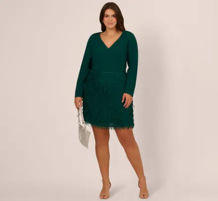 Adrianna Papell Wedding Guest Dresses|Formal Dresses*Plus Size Combo Fabric Fringe Mini Dress In Dark Ivy
