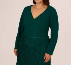 Adrianna Papell Wedding Guest Dresses|Formal Dresses*Plus Size Combo Fabric Fringe Mini Dress In Dark Ivy