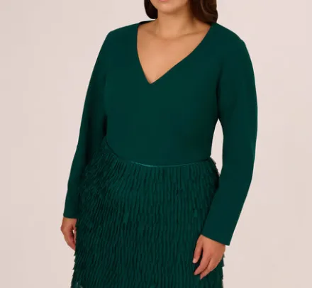 Adrianna Papell Wedding Guest Dresses|Formal Dresses*Plus Size Combo Fabric Fringe Mini Dress In Dark Ivy