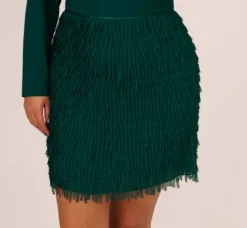 Adrianna Papell Wedding Guest Dresses|Formal Dresses*Plus Size Combo Fabric Fringe Mini Dress In Dark Ivy