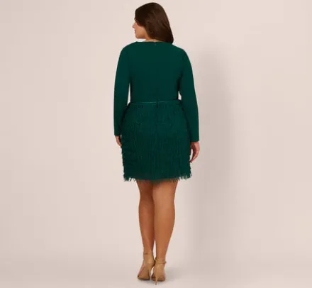 Adrianna Papell Wedding Guest Dresses|Formal Dresses*Plus Size Combo Fabric Fringe Mini Dress In Dark Ivy