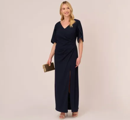 Adrianna Papell Wedding Guest Dresses|Formal Dresses*Plus Size Crepe Mermaid Gown With Pearl Trim Short Sleeves In