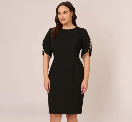 Adrianna Papell Wedding Guest Dresses|Day Dresses*Plus Size Crepe Midi Length Sheath Dress With Pearl Trimmed Sleeves In