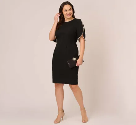 Adrianna Papell Wedding Guest Dresses|Day Dresses*Plus Size Crepe Midi Length Sheath Dress With Pearl Trimmed Sleeves In