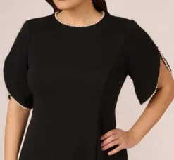 Adrianna Papell Wedding Guest Dresses|Day Dresses*Plus Size Crepe Midi Length Sheath Dress With Pearl Trimmed Sleeves In