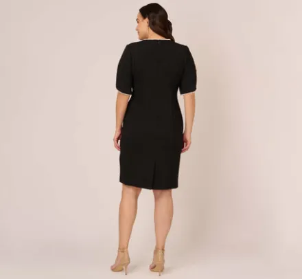 Adrianna Papell Wedding Guest Dresses|Day Dresses*Plus Size Crepe Midi Length Sheath Dress With Pearl Trimmed Sleeves In