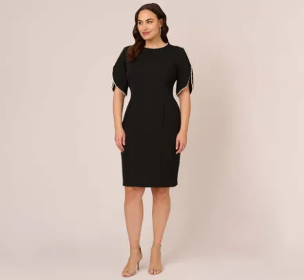 Adrianna Papell Wedding Guest Dresses|Day Dresses*Plus Size Crepe Midi Length Sheath Dress With Pearl Trimmed Sleeves In