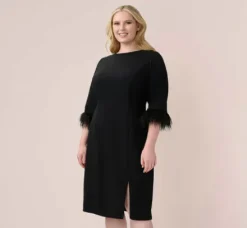 Adrianna Papell Wedding Guest Dresses|Day Dresses*Plus Size Crepe Sheath Dress With V-Back And Feather-Trim Sleeves In