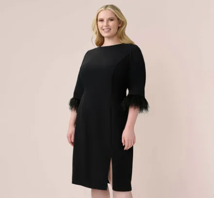 Adrianna Papell Wedding Guest Dresses|Day Dresses*Plus Size Crepe Sheath Dress With V-Back And Feather-Trim Sleeves In