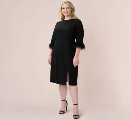 Adrianna Papell Wedding Guest Dresses|Day Dresses*Plus Size Crepe Sheath Dress With V-Back And Feather-Trim Sleeves In