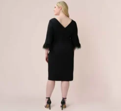 Adrianna Papell Wedding Guest Dresses|Day Dresses*Plus Size Crepe Sheath Dress With V-Back And Feather-Trim Sleeves In