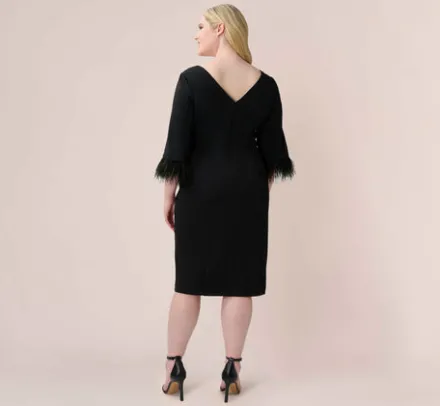 Adrianna Papell Wedding Guest Dresses|Day Dresses*Plus Size Crepe Sheath Dress With V-Back And Feather-Trim Sleeves In