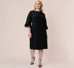 Adrianna Papell Wedding Guest Dresses|Day Dresses*Plus Size Crepe Sheath Dress With V-Back And Feather-Trim Sleeves In
