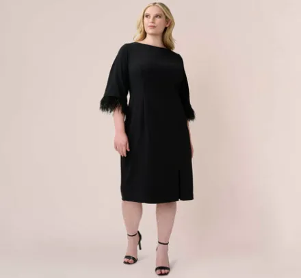 Adrianna Papell Wedding Guest Dresses|Day Dresses*Plus Size Crepe Sheath Dress With V-Back And Feather-Trim Sleeves In