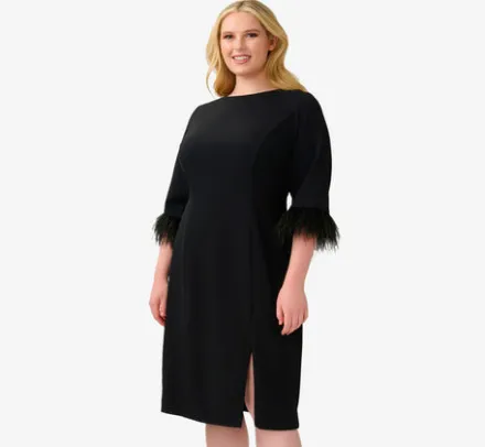 Adrianna Papell Wedding Guest Dresses|Day Dresses*Plus Size Crepe Sheath Dress With V-Back And Feather-Trim Sleeves In