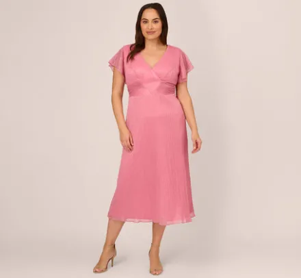 Adrianna Papell Wedding Guest Dresses|Day Dresses*Plus Size Crinkle Mesh Midi Dress With Flutter Sleeves In Faded Rose