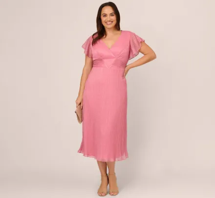 Adrianna Papell Wedding Guest Dresses|Day Dresses*Plus Size Crinkle Mesh Midi Dress With Flutter Sleeves In Faded Rose
