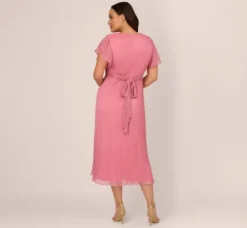 Adrianna Papell Wedding Guest Dresses|Day Dresses*Plus Size Crinkle Mesh Midi Dress With Flutter Sleeves In Faded Rose