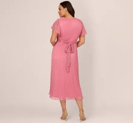 Adrianna Papell Wedding Guest Dresses|Day Dresses*Plus Size Crinkle Mesh Midi Dress With Flutter Sleeves In Faded Rose