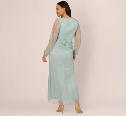 Adrianna Papell Wedding Guest Dresses|Formal Dresses*Plus Size Crinkle Metallic Gown With Sheer Bishop Sleeves And Draped Details In Mint Smoke