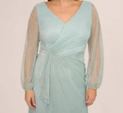Adrianna Papell Wedding Guest Dresses|Formal Dresses*Plus Size Crinkle Metallic Gown With Sheer Bishop Sleeves And Draped Details In Mint Smoke