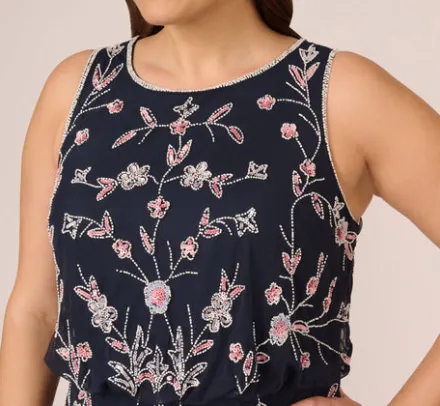 Adrianna Papell Wedding Guest Dresses|Formal Dresses*Plus Size Floral Beaded Blouson Tea Length Dress In Navy Blush