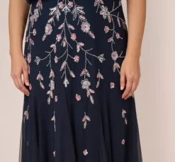 Adrianna Papell Wedding Guest Dresses|Formal Dresses*Plus Size Floral Beaded Blouson Tea Length Dress In Navy Blush