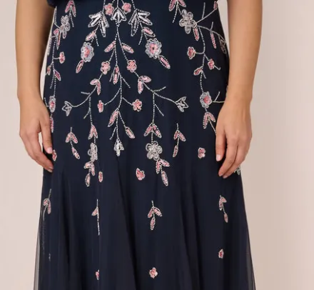 Adrianna Papell Wedding Guest Dresses|Formal Dresses*Plus Size Floral Beaded Blouson Tea Length Dress In Navy Blush
