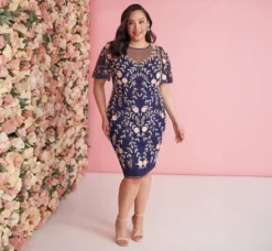 Adrianna Papell Wedding Guest Dresses|Petite-Friendly*Plus Size Floral Beaded Dress With Sheer Flutter Sleeves In Navy Blush