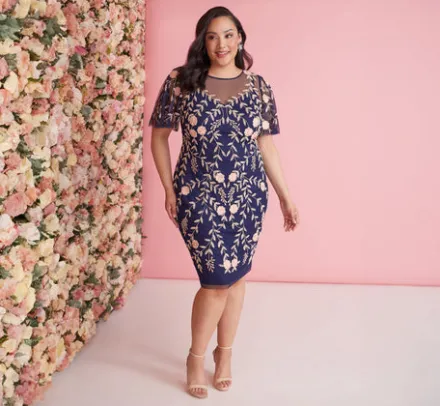 Adrianna Papell Wedding Guest Dresses|Petite-Friendly*Plus Size Floral Beaded Dress With Sheer Flutter Sleeves In Navy Blush