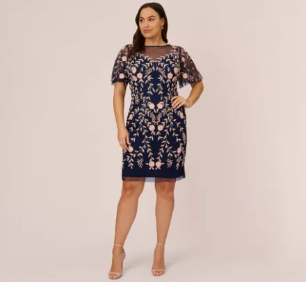 Adrianna Papell Wedding Guest Dresses|Petite-Friendly*Plus Size Floral Beaded Dress With Sheer Flutter Sleeves In Navy Blush