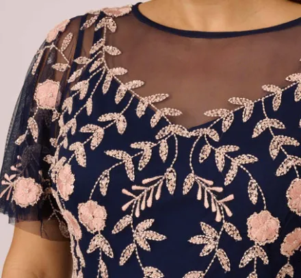 Adrianna Papell Wedding Guest Dresses|Petite-Friendly*Plus Size Floral Beaded Dress With Sheer Flutter Sleeves In Navy Blush