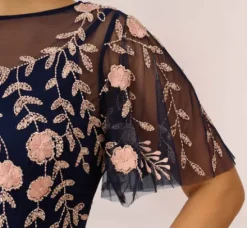 Adrianna Papell Wedding Guest Dresses|Petite-Friendly*Plus Size Floral Beaded Dress With Sheer Flutter Sleeves In Navy Blush